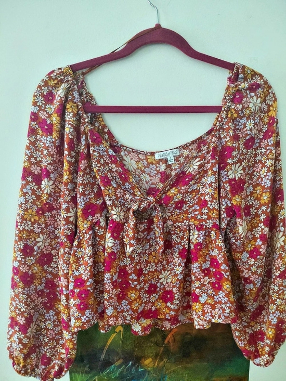 Patrons of Peace Floral Tie-Front Blouse in Red & Pink Size Medium